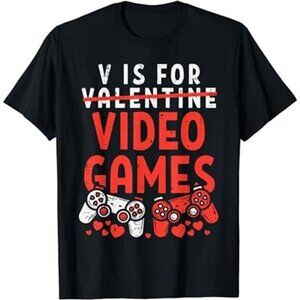 V Is For Video Games Funny Valentines Day Gamer Boy Men‎ Gift T-Shirt